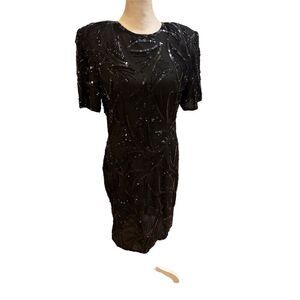 Stenay Vintage Black Silk Beaded Short Dress Party Cocktail Women's Medium